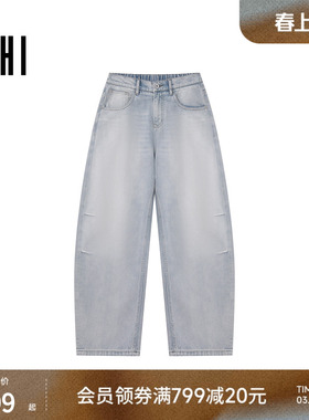 USHI悠时简约时尚灰色复古做旧潮酷磨白休闲易搭弯刀裤2026夏男装