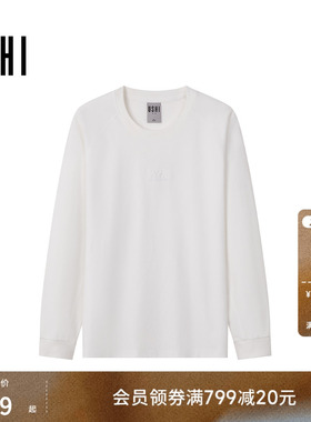 USHI悠时 简约圆领纯色长袖基础休闲时尚刺绣T恤垂顺挺括易搭男装