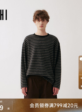 USHI悠时 潮流时尚日常休闲阔形条纹圆领长袖T恤2026年春季男装