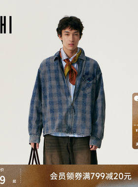 USHI悠时 阿美咔叽格纹衬衫叠穿复古质感水洗工装外套翻领长袖男