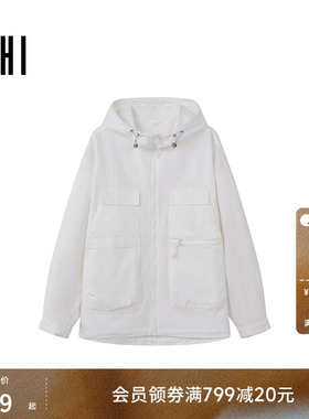 USHI悠时 白色时尚抽绳连帽工装大贴袋户外休闲夹克外套男装