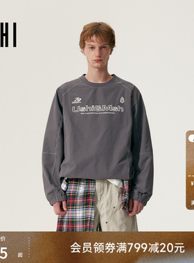 USHI悠时 时尚撞色明辑线潮酷印花圆领长袖T恤抽绳下摆户外男装