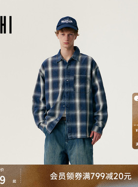 USHI悠时 复古格纹日系工装风格美式宽松牛仔休闲长袖衬衫男