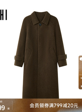 USHI悠时 复古简约一粒扣翻领后开叉中长款毛呢大衣通勤休闲男装