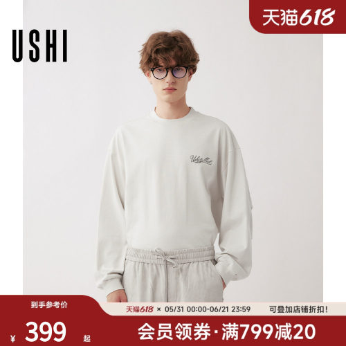 USHI悠时 复古做旧潮流个性休闲阔形圆领长袖T恤2026年春季男装
