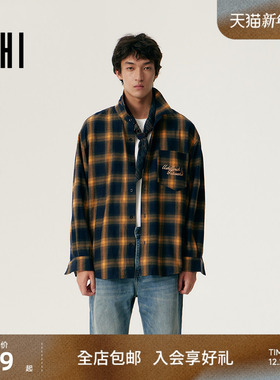 USHI悠时 复古格纹美式宽松休闲层次感叠穿柔软长袖上衣衬衫男