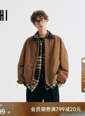 USHI悠时复古时尚撞色翻领简约休闲廓版夹克羽绒服巴恩风松弛男装