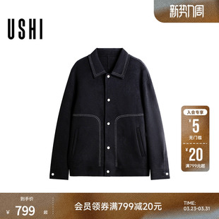 USHI悠时 撞色车线毛呢夹克氛围感出街必备复古廓形翻领外套男