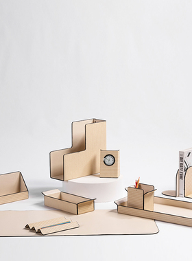 简约现代商务办公书档皮革文件收纳盒笔筒时钟摆件W样板间书房软