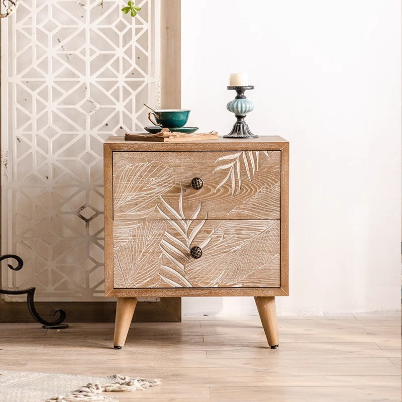 法式实木床头柜客厅靠墙复古斗y柜原木色雕花家用小户型玄关柜入