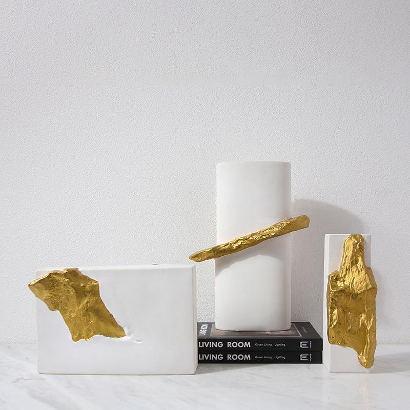 创意新中式极陶瓷金饰石瓶花时尚轻奢简客厅书房样JMX板间软装品