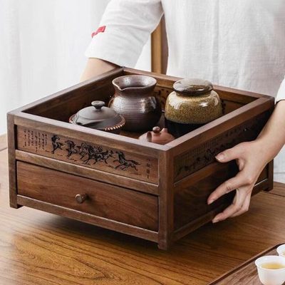 胡桃木茶具置物架实木小型中式博古架简约茶壶盖碗桌面抽屉收纳架