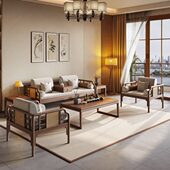 新中式 北美黑胡桃木沙发 禅意侘寂风别墅编藤办公室布艺实木家具