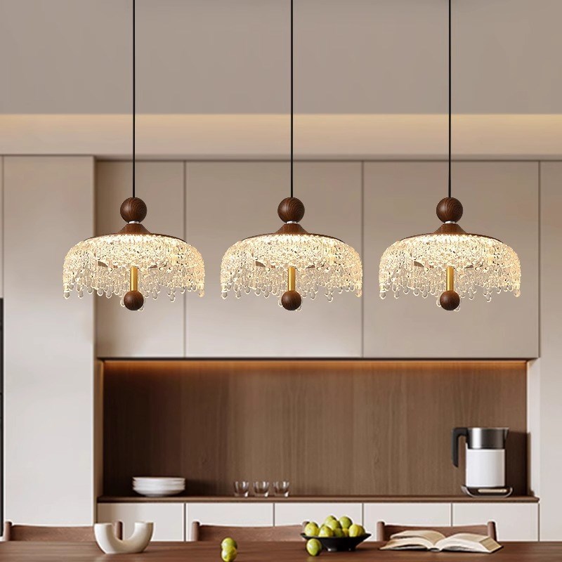 中古创意餐厅吊灯冰山p水滴复古胡桃木色过道灯法式全光谱小吊灯