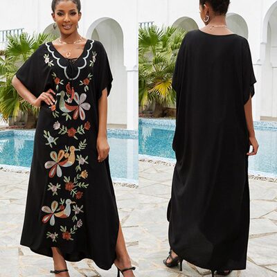新款人棉绣花宽松大码沙滩外套长袍式度假连衣长裙女泳衣外搭罩衫
