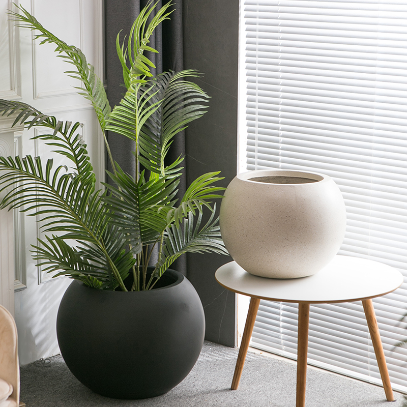 北欧镁泥落地大花盆极简圆球型软装特大花器客厅民宿商Y场别墅摆