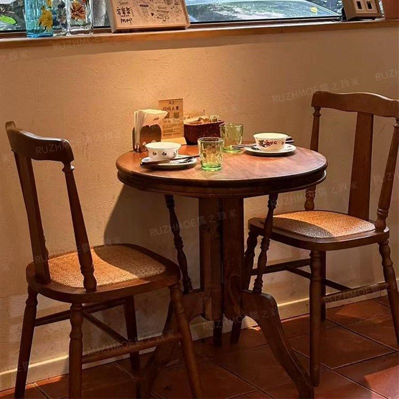 实木圆桌做旧复古圆形饭桌阳v台庭院餐桌椅木质法式茶桌折叠咖啡