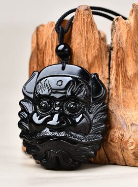 钟馗 天然黑曜石吊坠原矿石雕刻男女生项链坠家居装饰复古民簇风