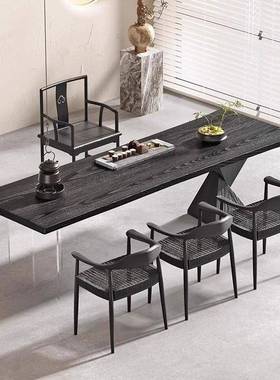 古现代家用办公茶台大板泡茶桌复THW实木亚克力浮茶桌悬椅组合