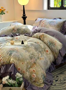 套2025全棉双层纱四54254棉件韩版复古法式花高边端全套件被套床