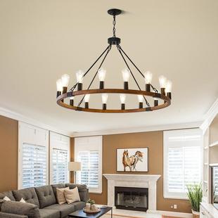 亚马逊美式 乡村复古工业oft厅L16头圆餐415桌圆环圣吊诞灯木艺大