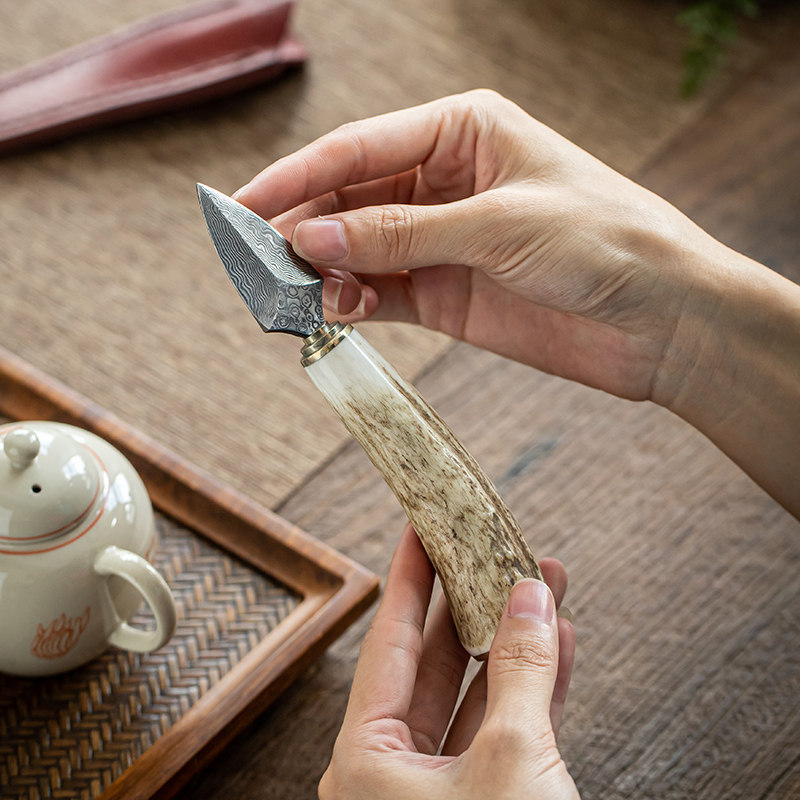 中式复古风紫光檀普洱茶刀大马士花纹鹿角骨不锈钢茶锥鸵鸟骨茶针