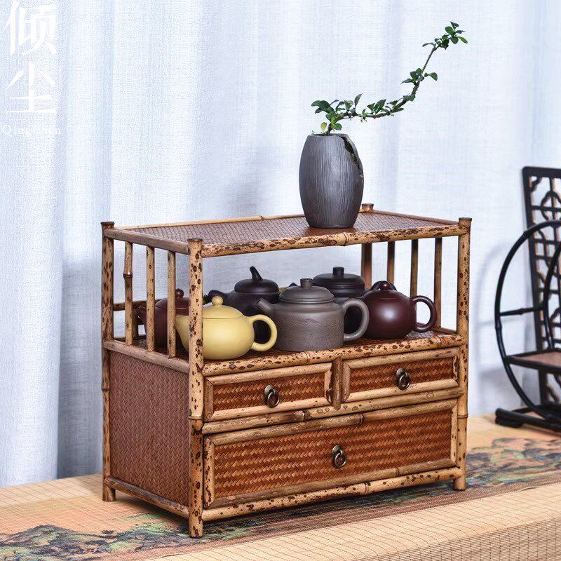 梅鹿竹茶棚纯手工榫卯茶柜桌面茶架子茶具收纳架茶饼柜高端茶空间
