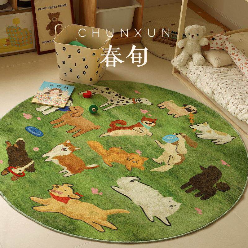 小狗多巴胺地毯卧室电竞房电脑椅地垫儿童房间床边毯绿色圆形加厚
