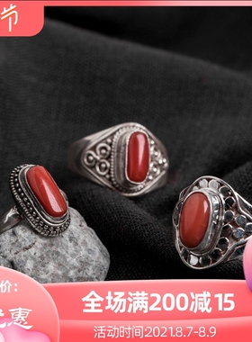 印度尼泊尔手工925银饰品宝石戒E指女开口藏式个性创意复古民族