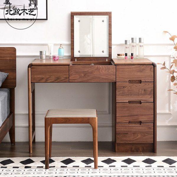 北欧实木梳妆台日式黑胡桃木写字台现代简约小户型翻盖化妆桌收纳