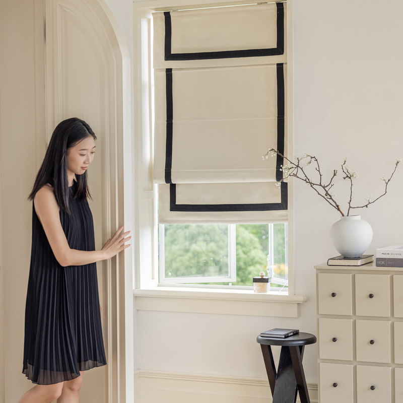新款法式诧寂风镶边人字尼u棉麻罗马帘阳台书房小窗户升降窗帘飘