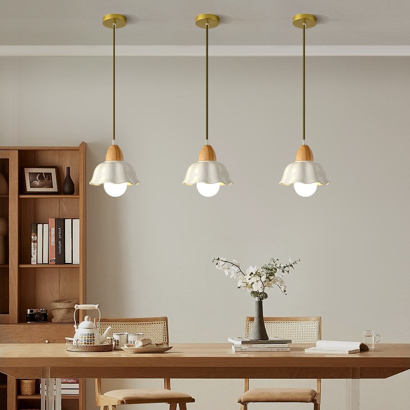 日式侘寂风餐厅原木小吊灯北欧现C代简约卧室床头灯陶瓷花朵灯具