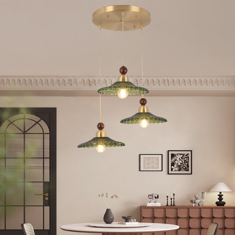 法式中古三头餐厅灯复古网红铜玻璃吊灯胡桃木色饭厅W餐桌吧台灯