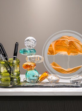 时来运转流沙创意笔筒摆件办公室桌面收纳盒高级轻奢装Z饰开业礼