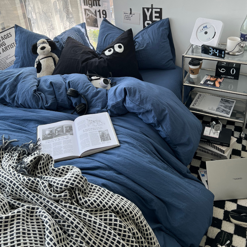 褶皱水洗棉高级感床单四件套床上用品被套床笠宿舍W单人床上三件