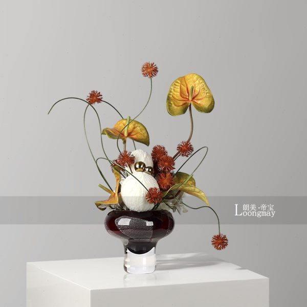 艺术棕红高脚玻璃小花瓶花艺酒店客厅茶几餐桌插花高级感中古摆件,家居饰品,花瓶,淘宝优惠券,粉丝福利购,淘宝优惠卷