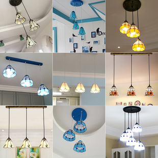地中海风格 餐g厅吊灯具三头客餐桌灯圆盘田园饭店创意蓝色吧台灯
