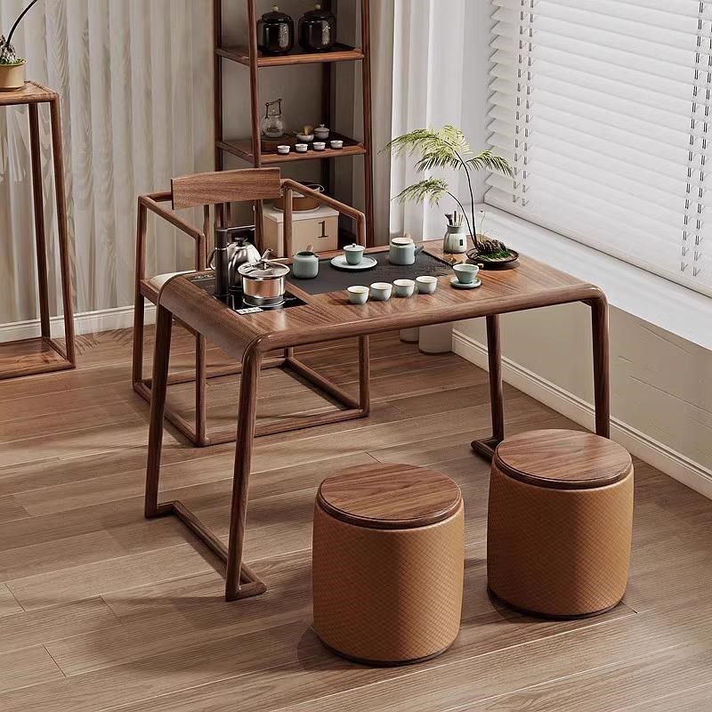 2025新款新中式北美黑胡桃木实木茶桌椅M组合小户型阳台家用茶台