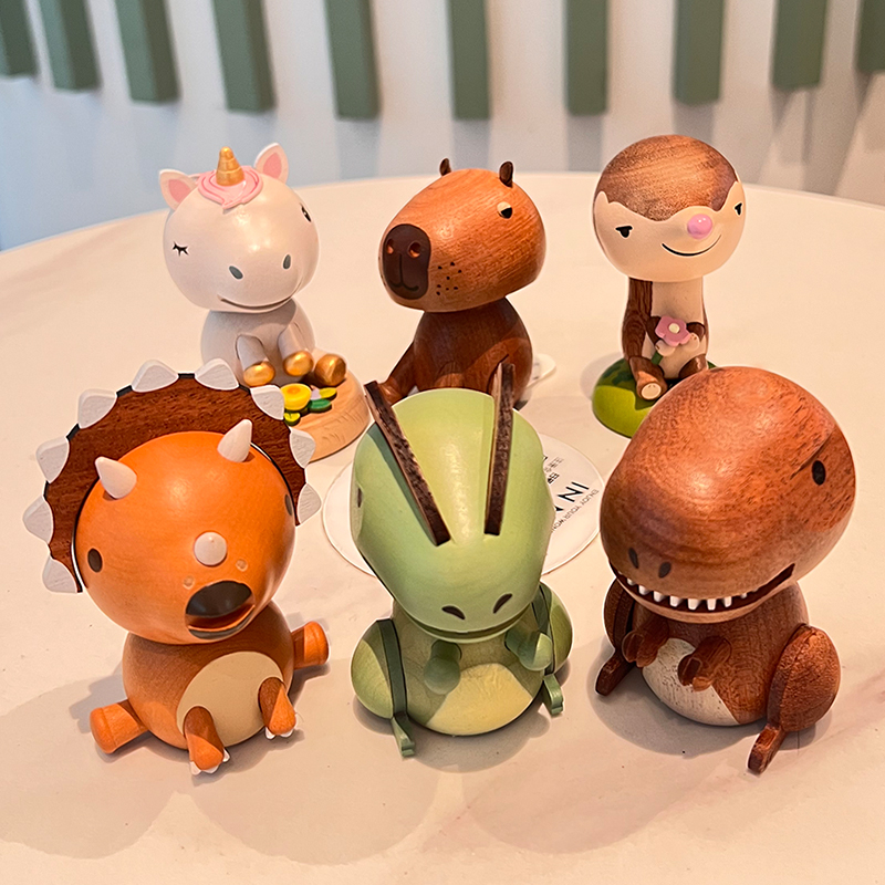 森活木质有趣车载摇头摆件中控台汽车内饰饰品实木W弹簧恐龙耶诞