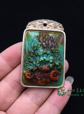 复古尼泊尔藏银老银牌手工镶嵌绿松石大黑天财神银挂件男女款吊坠