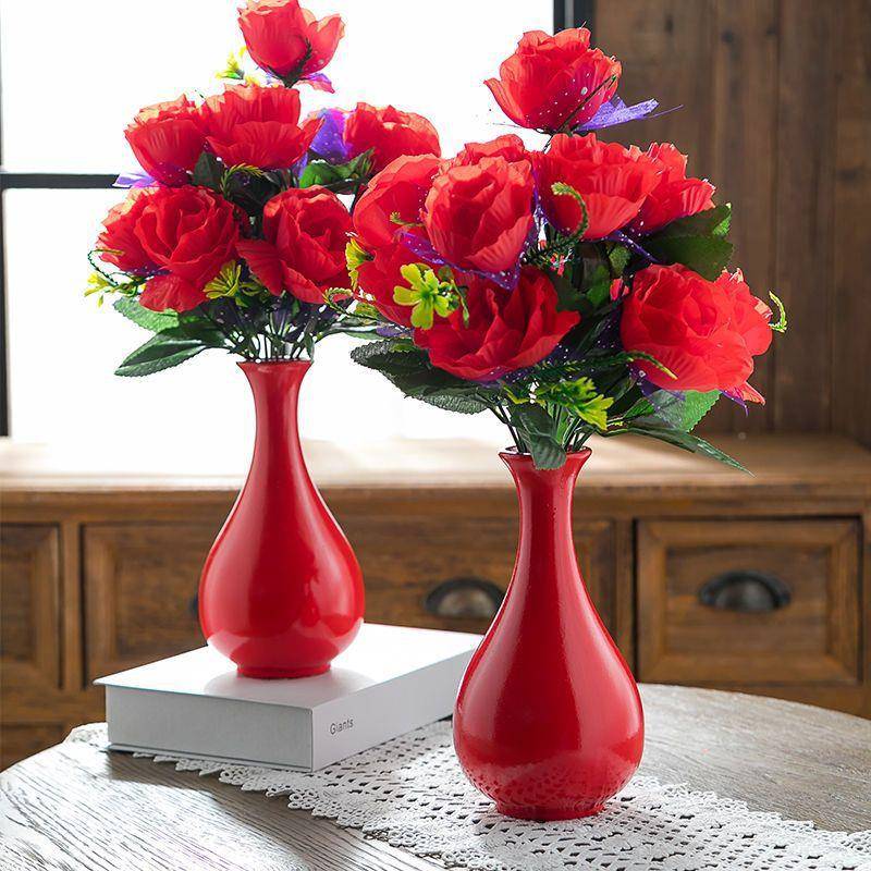 新花款中国红瓶花一花VOG对结婚假花摆设客厅上档次假花带花束