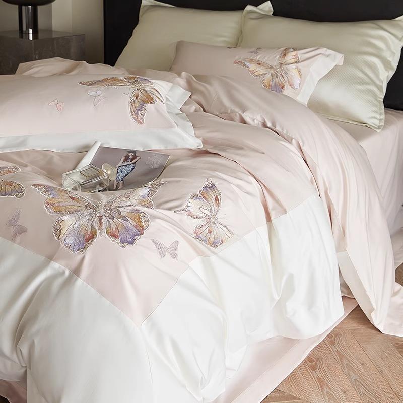 轻奢风100S棉长YLS-2024绒件套浪漫四蝴蝶刺绣被套床全单棉1.8m床