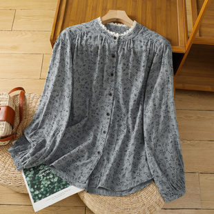 休闲麻料长袖 森系时尚 上衣 女士春季 实拍复古蕾丝花边印花全棉衬衫