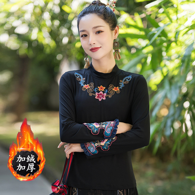 实拍秋冬新款民族风莫代尔加绒加厚半高领重工绣花百搭T恤打底衫