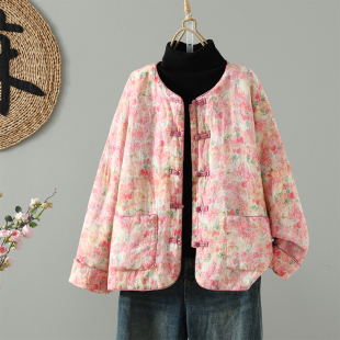 2025实拍新中式 保暖文艺印花外套 国风盘扣长绒棉花棉袄冬季