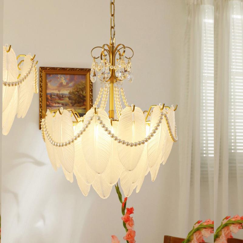 法式田园珍珠水晶灯客厅灯玻璃吊灯简约圆形卧室餐厅羽毛创意灯具
