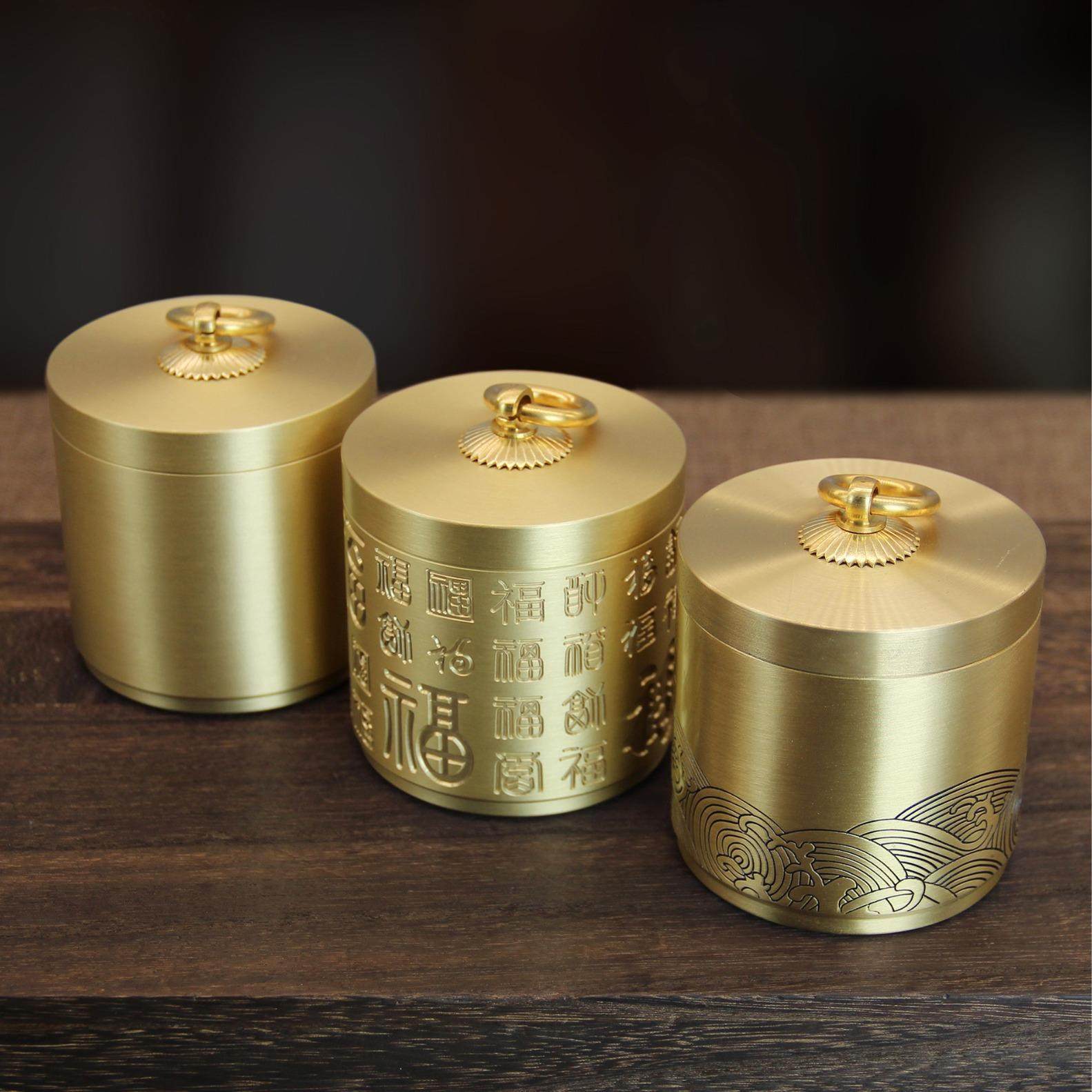 黄铜百福祥云车载烟灰缸带盖家居办公室工艺品摆件铜器储物罐