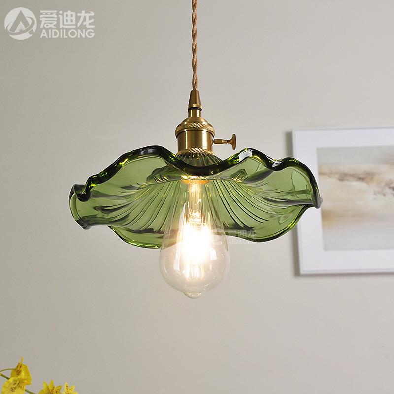 黄铜北欧简约玻璃卧室餐厅吧台民宿玄关单头绿色莲花荷叶小吊灯