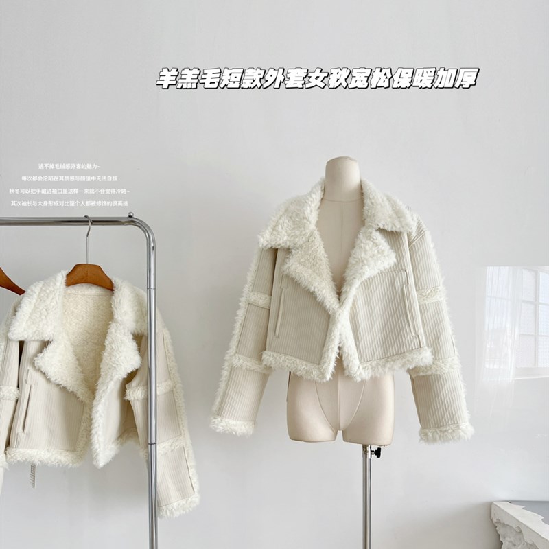 TAOZI 羊羔毛短款外套女秋宽松D保暖加厚拼接高级感气质小香风上