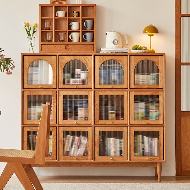 全实木家用e陈列柜北欧简约半墙书柜带门创意格子柜复古收纳展示